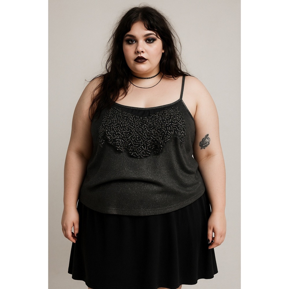 Whimsigoth Fairygrunge Emo Rock‎ Music Party Glam 22/24 Silver Beaded Tank Top